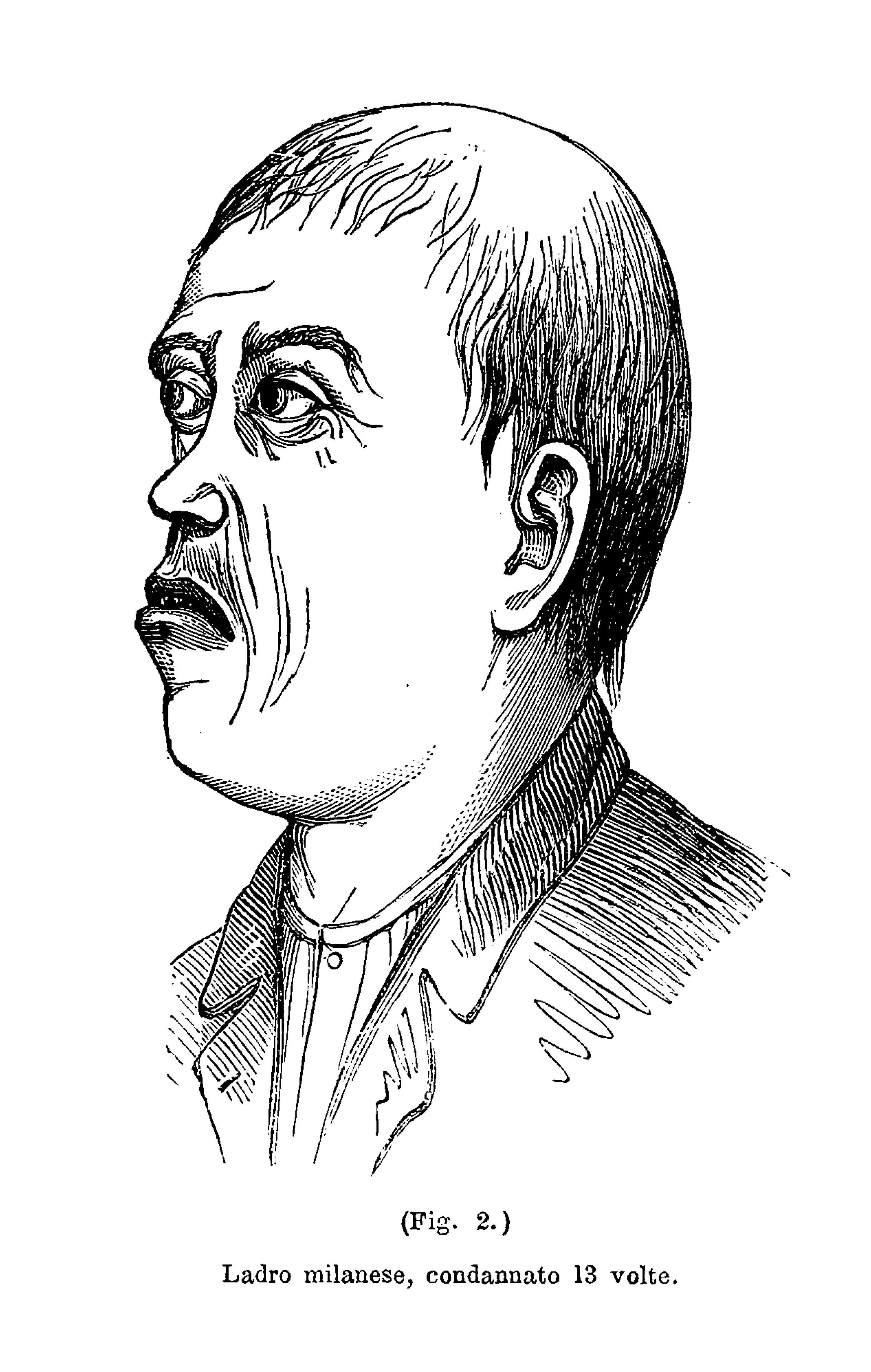 Drawing of a man with a rounded head, deep-set eyes, and a determined expression.